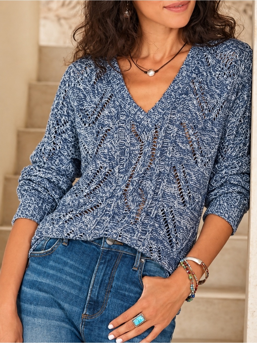 Sundance Delano Sweater Cable Knit Blue Marled Casual Boho Western Size S